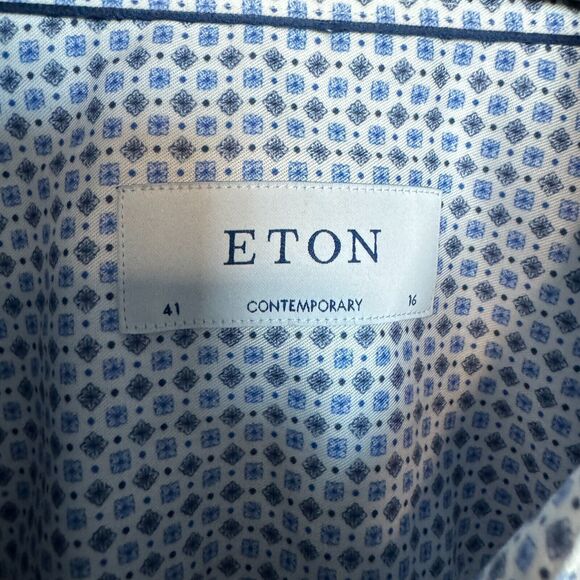 Eton Shirt Mens Large Size 16 Blue Geometric Long Sleeve Button Up Contemporary - Picture 3 of 8